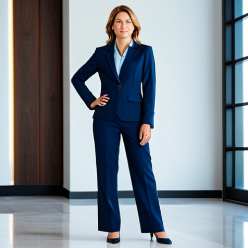 Home 7 **
A professional businesswoman in a modest, tailored navy blue suit, standing confidently in a modern office lobby, fully clothed, appropriate attire, safe for work, perfect anatomy, natural proportions, professional corporate photography, bright lighting, family-friendly.
**