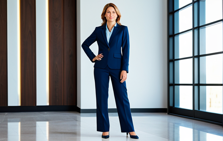 **
A professional businesswoman in a modest, tailored navy blue suit, standing confidently in a modern office lobby, fully clothed, appropriate attire, safe for work, perfect anatomy, natural proportions, professional corporate photography, bright lighting, family-friendly.
**